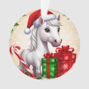 Feestelijke cartoonpaard in kerstmuts met cadeaus ornament