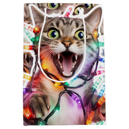 Feestelijke Cat Gift Bag met Holiday Lights Medium Cadeauzakje (Voorkant)