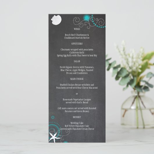 Feestelijke Chalkboard Beach Bruiloft Menu (Staand voorkant)
