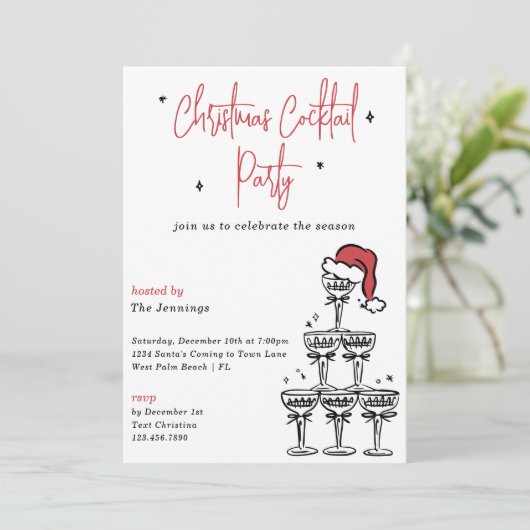 Feestelijke Champagne Tower Kerstcocktailparty Kaart (Staand voorkant)