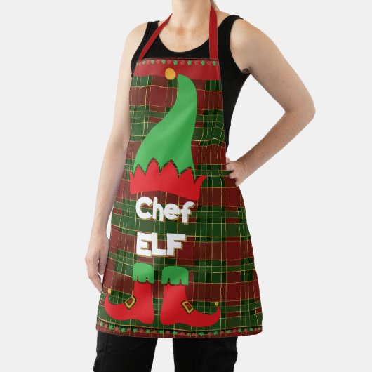 Feestelijke Chef Elf Rood en Groene Tartan Schort (Insitu)