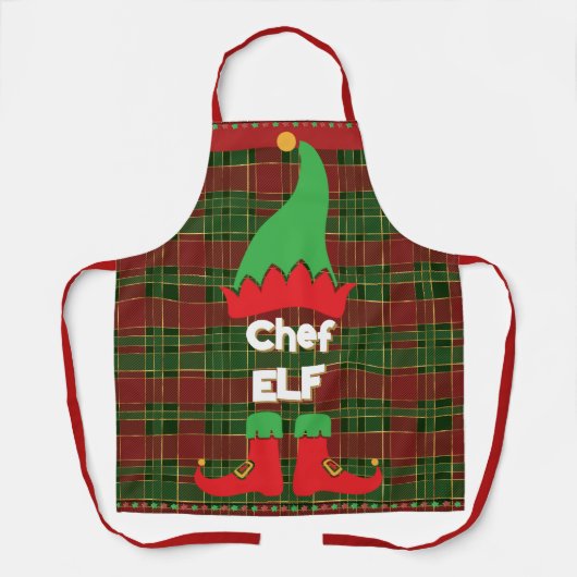 Feestelijke Chef Elf Rood en Groene Tartan Schort (Voorkant)