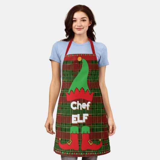 Feestelijke Chef Elf Rood en Groene Tartan Schort (Gedragen)