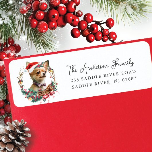 Feestelijke Chihuahua Hond in Santa Hat Retouradre Etiket
