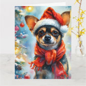 Feestelijke Chihuahua in een Santa Hat Waterverf Kaart (Gele Bloem)