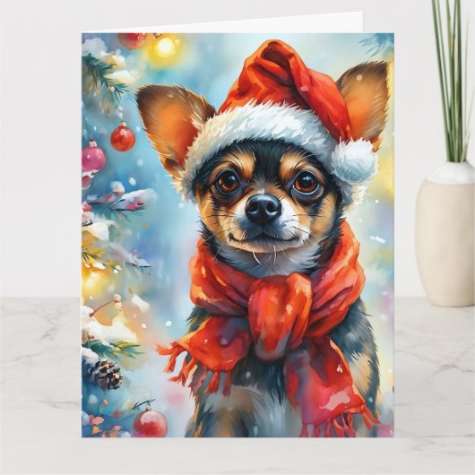 Feestelijke Chihuahua in een Santa Hat Waterverf Kaart (Voorkant)