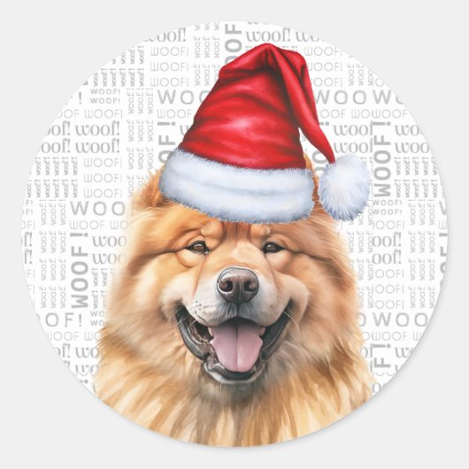 Feestelijke Chow Chow Santa Dog op Woof Art Christ Ronde Sticker (Voorkant)