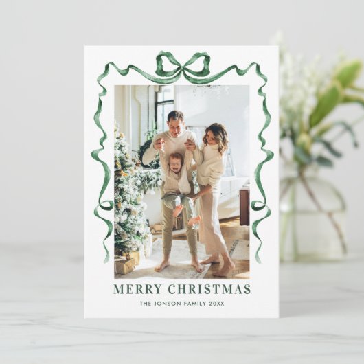 Feestelijke Christmas Sage Green Bow Ribbon 2 Foto Feestdagenkaart (Staand voorkant)
