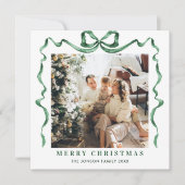 Feestelijke Christmas Sage Green Bow Ribbon 2 Foto Feestdagenkaart (Voorkant)