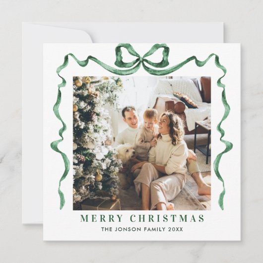 Feestelijke Christmas Sage Green Bow Ribbon 2 Foto Feestdagenkaart (Voorkant)