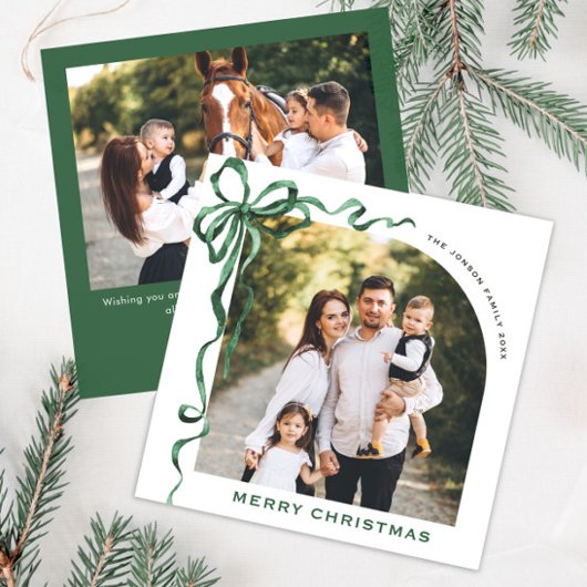 Feestelijke Christmas Sage Green Bow Ribbon 2 Foto Feestdagenkaart