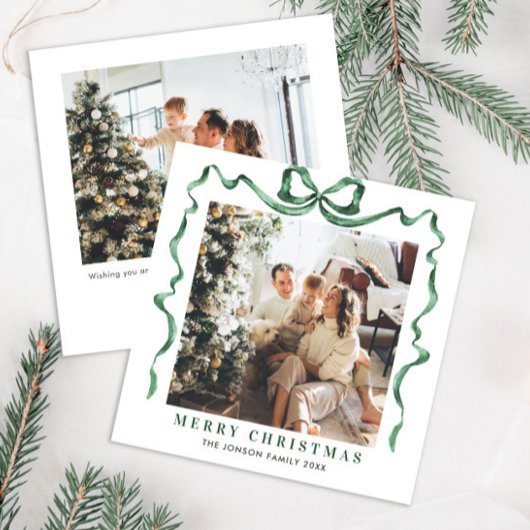 Feestelijke Christmas Sage Green Bow Ribbon 2 Foto Feestdagenkaart
