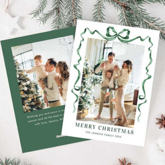 Feestelijke Christmas Sage Green Bow Ribbon 2 Foto Feestdagenkaart