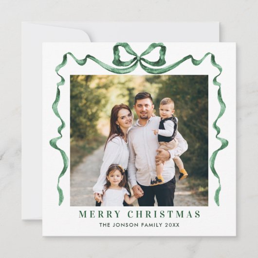 Feestelijke Christmas Sage Green Bow Ribbon 2 Foto Feestdagenkaart (Voorkant)