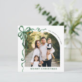 Feestelijke Christmas Sage Green Bow Ribbon 2 Foto Feestdagenkaart (Staand voorkant)