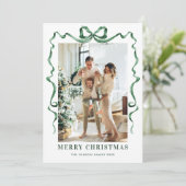 Feestelijke Christmas Sage Green Bow Ribbon 3 Foto Feestdagenkaart (Staand voorkant)