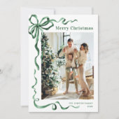 Feestelijke Christmas Sage Green Bow Ribbon 3 Foto Feestdagenkaart (Voorkant)