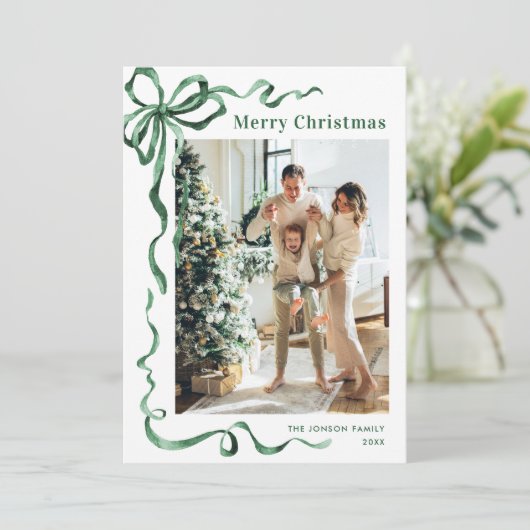 Feestelijke Christmas Sage Green Bow Ribbon 3 Foto Feestdagenkaart (Staand voorkant)