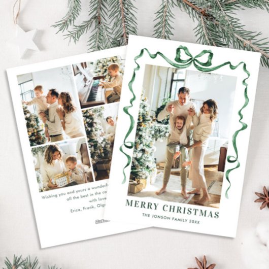 Feestelijke Christmas Sage Green Bow Ribbon 5 Foto Feestdagenkaart