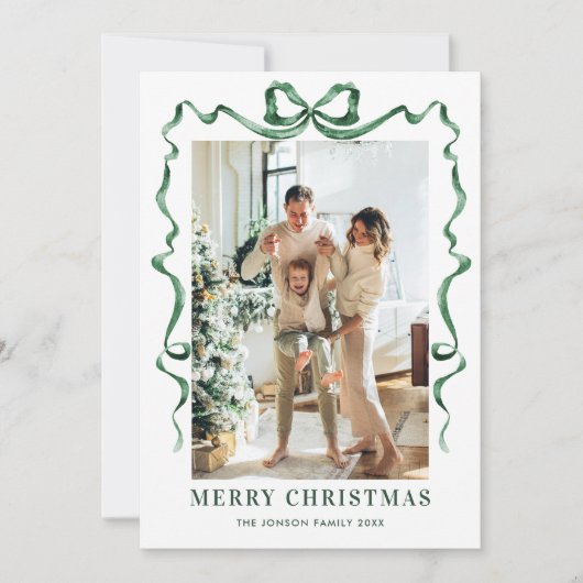 Feestelijke Christmas Sage Green Bow Ribbon 5 Foto Feestdagenkaart (Voorkant)