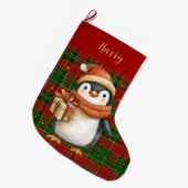 Feestelijke Classic Rood Groen Goud Tartan Pinguïn Grote Kerstsok (Voorkant (Hangend))
