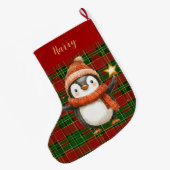 Feestelijke Classic Rood Groen Goud Tartan Pinguïn Grote Kerstsok (Achterkant (Hangend))