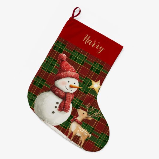 Feestelijke Classic Rood Groen Goud Tartan Snowman Grote Kerstsok (Voorkant (Hangend))