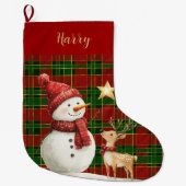 Feestelijke Classic Rood Groen Goud Tartan Snowman Grote Kerstsok (Voorkant)