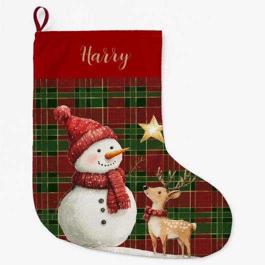 Feestelijke Classic Rood Groen Goud Tartan Snowman Grote Kerstsok (Voorkant)