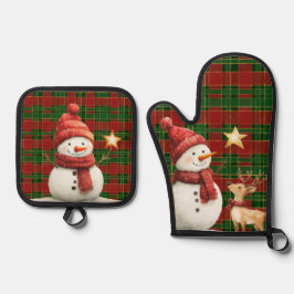 Feestelijke Classic Rood Groen Goud Tartan Snowman Ovenwant & Pannenlap Set
