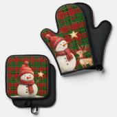 Feestelijke Classic Rood Groen Goud Tartan Snowman Ovenwant & Pannenlap Set (Voorkant / Achterkant)