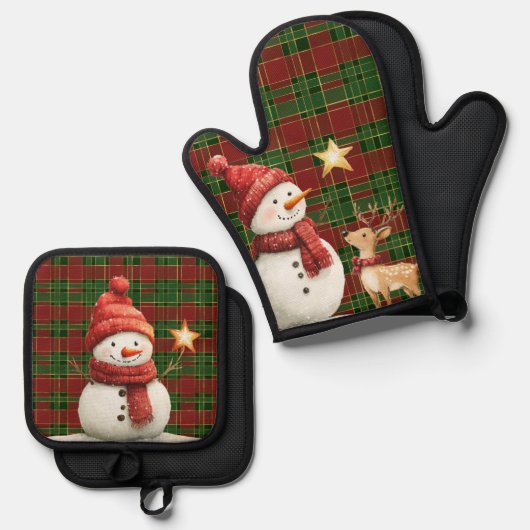 Feestelijke Classic Rood Groen Goud Tartan Snowman Ovenwant & Pannenlap Set (Voorkant / Achterkant)