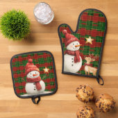 Feestelijke Classic Rood Groen Goud Tartan Snowman Ovenwant & Pannenlap Set (Top down)