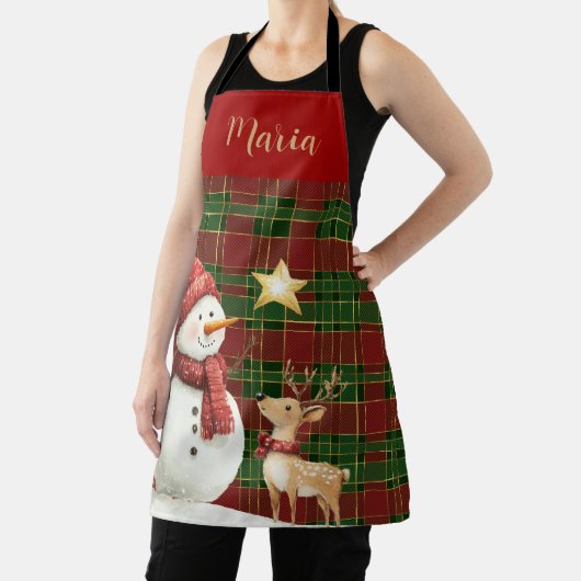 Feestelijke Classic Rood Groen Goud Tartan Snowman Schort (Insitu)