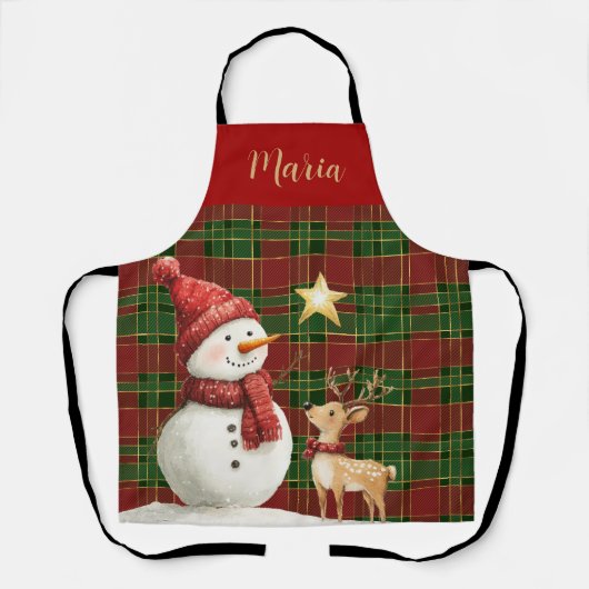 Feestelijke Classic Rood Groen Goud Tartan Snowman Schort (Voorkant)