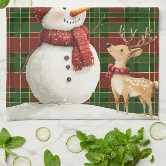 Feestelijke Classic Rood Groen Goud Tartan Snowman Theedoek (Gevouwen)