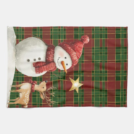 Feestelijke Classic Rood Groen Goud Tartan Snowman Theedoek (Horizontaal)