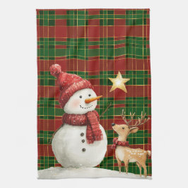 Feestelijke Classic Rood Groen Goud Tartan Snowman Theedoek