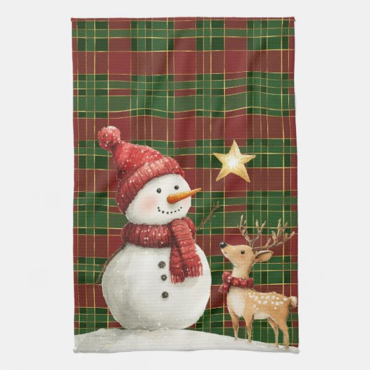Feestelijke Classic Rood Groen Goud Tartan Snowman Theedoek (Verticaal)