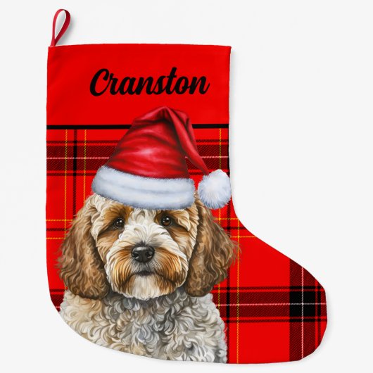 Feestelijke Cockapoo en Red Plaid met de naam van  Grote Kerstsok (Voorkant)