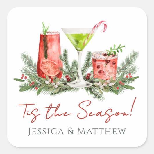 Feestelijke Cocktails Koppel Kerstmis Vierkante Sticker (Voorkant)