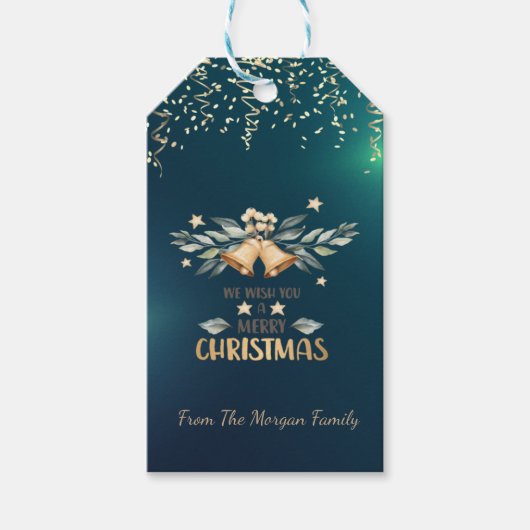 Feestelijke confetti, kerstbellen, groen cadeaulabel (Voorkant)