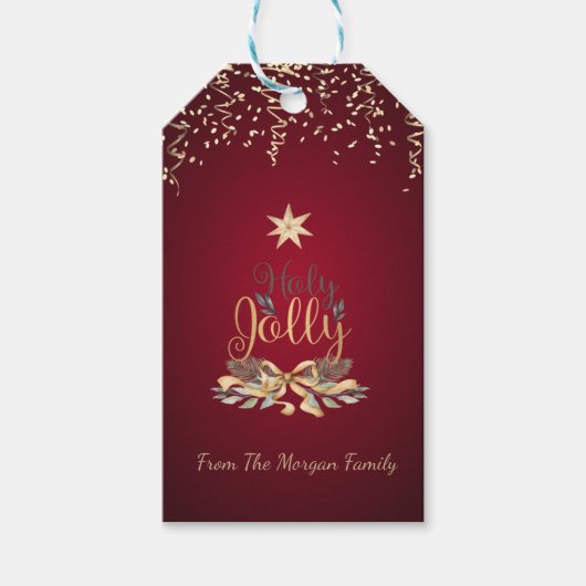 Feestelijke confetti, kerstbellen, ster, rood cadeaulabel (Voorkant)
