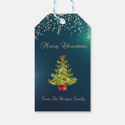 Feestelijke confetti, kerstboom, groen cadeaulabel (Voorkant)