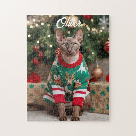 Feestelijke Cornish Rex Cat Christmas gepersonalis Legpuzzel (Verticaal)