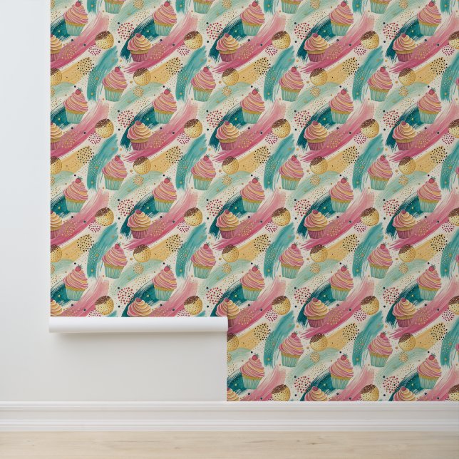 Feestelijke Cupcake & Brushstroke Viering Patroon Behang (Applicatie)