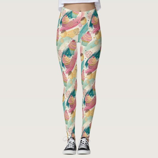 Feestelijke Cupcake & Brushstroke Viering Patroon Leggings (Voorkant)