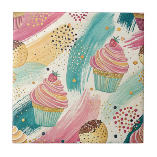 Feestelijke Cupcake & Brushstroke Viering Patroon Tegeltje