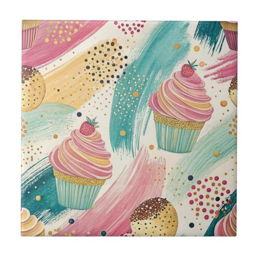 Feestelijke Cupcake & Brushstroke Viering Patroon Tegeltje (Voorkant)