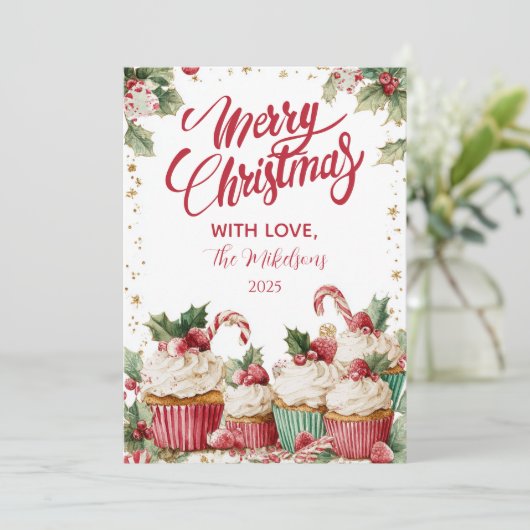 Feestelijke Cupcake Cane Feestdagenkaart (Staand voorkant)